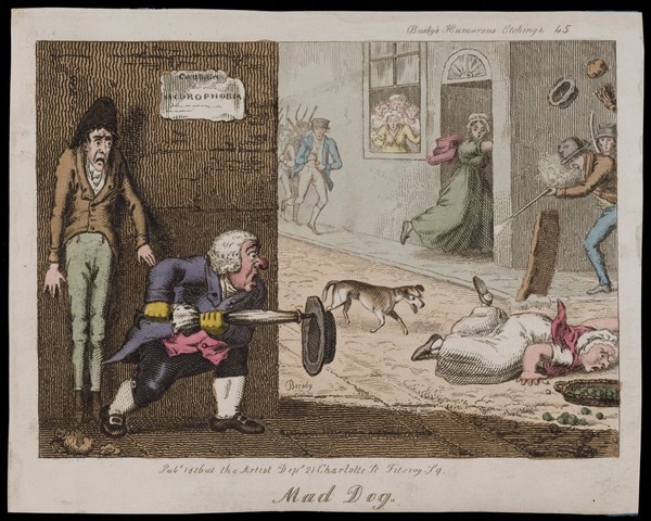 A mad dog on the run in a London street: citizens attack it as it approaches a woman who has fallen over. Coloured etching by T.L. Busby, 1826.