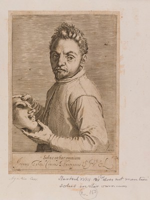 view Giovanni Gabrielli ("Sivello") holding a mask. Etching by Agostino Carracci, ca. 1599.