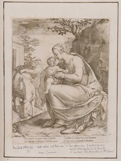 Mary and Joseph prepare to flee into Egypt with the infant Jesus. Etching by Agostino Carracci