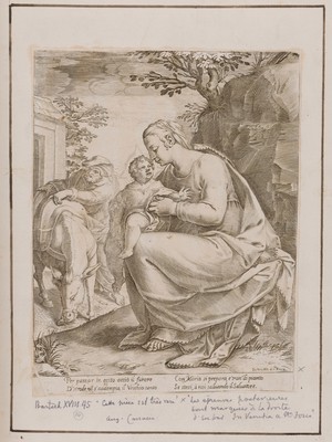 view Mary and Joseph prepare to flee into Egypt with the infant Jesus. Etching by Agostino Carracci.