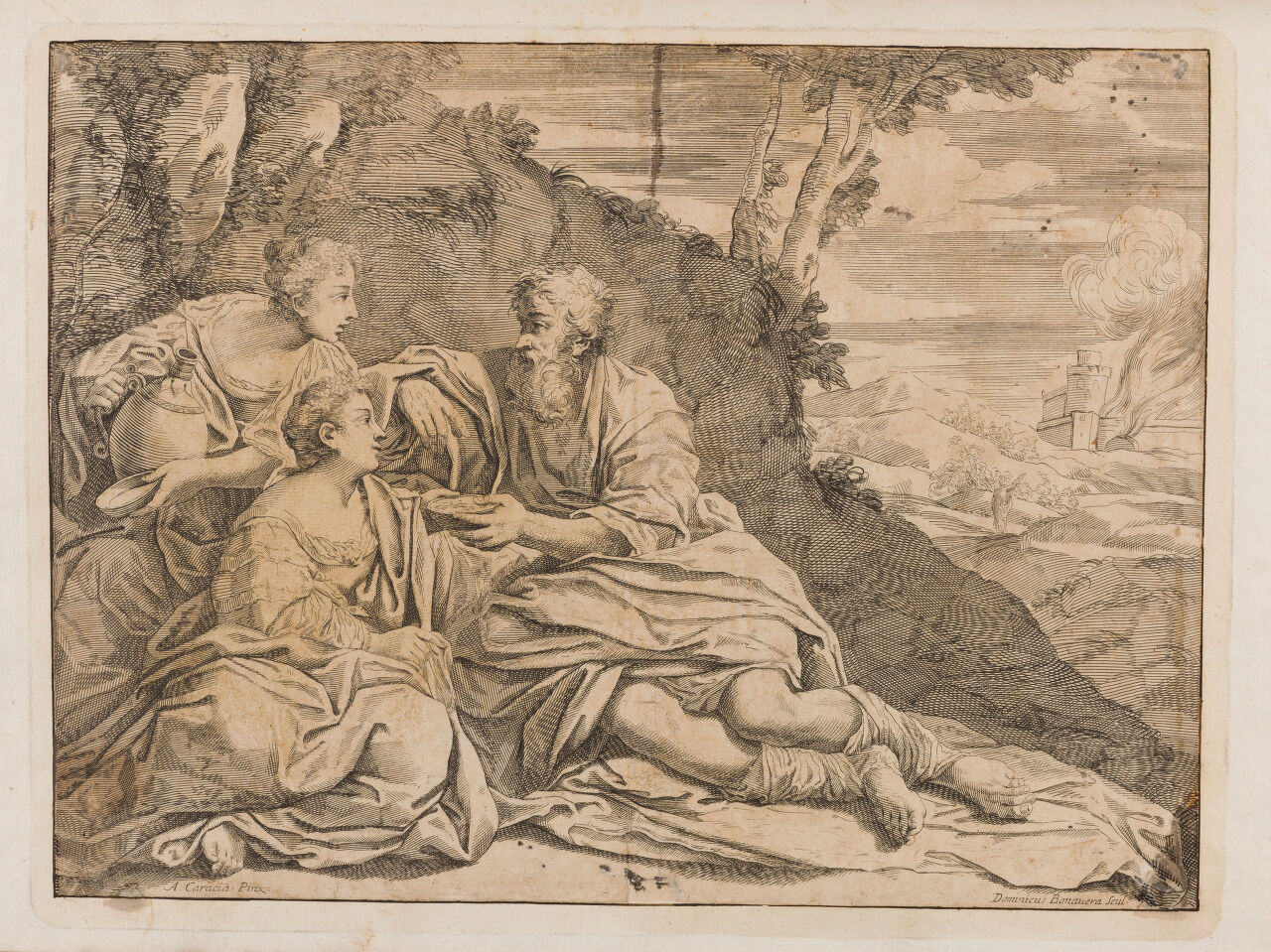 Lot and his daughters take refuge in a cave and begin their debauch; outside, his wife, now a pillar of salt, faces the burning city of Sodom. Etching by D. Bonavera., by Domenico Maria Bonavera