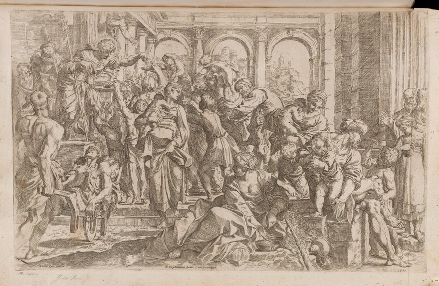 Saint Roch dispensing charity. Etching after Annibale Carracci.
