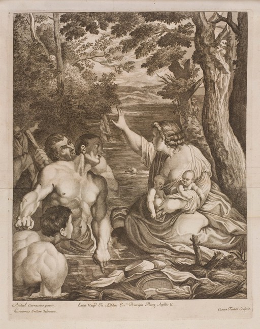 A woman rescuing twin babies from a river. Engraving by C. Fantetti after Hieronymus Trudon after Annibale Carracci