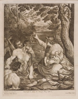 view A woman rescuing twin babies from a river. Engraving by C. Fantetti after Hieronymus Trudon after Annibale Carracci.