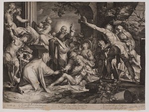 view The raising of Lazarus. Engraving by J. Muller after A. Bloemaert.