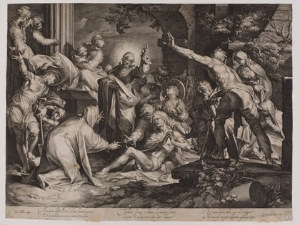 The raising of Lazarus. Engraving by J. Muller after A. Bloemaert.