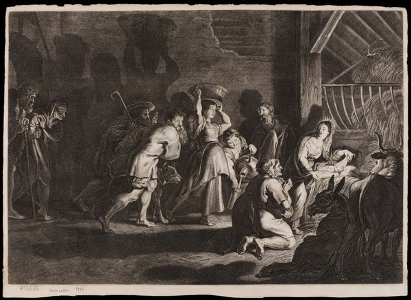 The adoration of the shepherds at the birth of Christ. Engraving by J. Witdoek after P.P. Rubens.