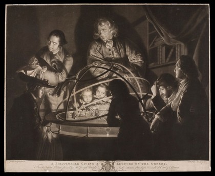 A philosopher giving a lecture on the orrery. Mezzotint by W. Pether, 1768, after Joseph Wright of Derby.