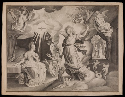 The Annunciation to the Virgin. Engraving by N. de Bruyn, 1622.