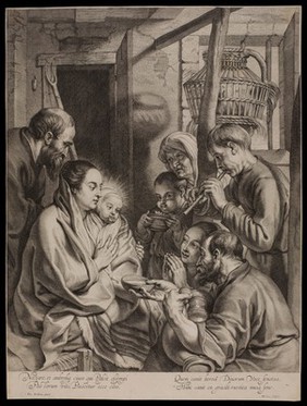 The adoration of the shepherds at the birth of Christ. Engraving by Marinus van der Goes after J. Jordaens.