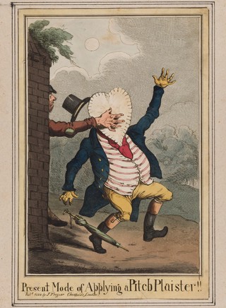 A man walking along a country path is attacked by a bodysnatcher hiding behind a brick wall, who asphyxiates him by thrusting a heart-shaped plaster in his face. Coloured etching by Dickey Fubs, 1828.
