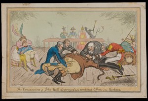 view Burdett, Peel, O'Connell and Wellington in the roles of the body-snatchers Burke and Hare, suffocating John Bull with a rope; representing the extinguishing by Wellington and Peel of the constitution of 1688 by Catholic Emancipation. Coloured etching by A. Sharpshooter, 1829.