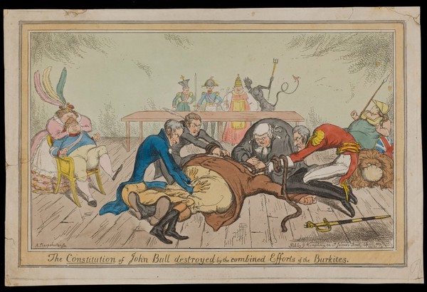 Burdett, Peel, O'Connell and Wellington in the roles of the body-snatchers Burke and Hare, suffocating John Bull with a rope; representing the extinguishing by Wellington and Peel of the constitution of 1688 by Catholic Emancipation. Coloured etching by A. Sharpshooter, 1829.