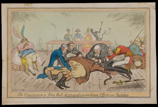Burdett, Peel, O'Connell and Wellington in the roles of the body-snatchers Burke and Hare, suffocating John Bull with a rope; representing the extinguishing by Wellington and Peel of the constitution of 1688 by Catholic Emancipation. Coloured etching by A. Sharpshooter, 1829.