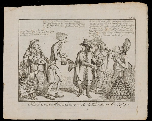William Pitt the younger as an obstetrician and medicine vendor, accompanied by Henry Dundas as his assistant, disputing with Napoleon Bonaparte their respective medicinal remedies for the delivery of Europe. Etching after C. Ansell (?), 1800.
