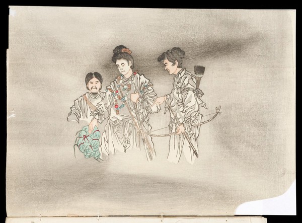 Three Oriental figures. One wears a quiver with arrows and holds a bow