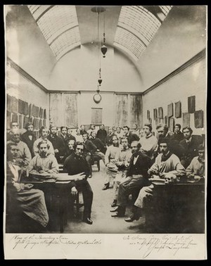 view St George's Hospital, London: the dissecting room with students and lecturers, including Henry Gray. Photograph.