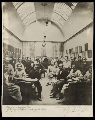 View of the dissecting room of St George's Hospital. Taken 27 March 1860. To Henry Gray Esq.r F.R.S. as a respectful remembrance from Joseph Langhorn.