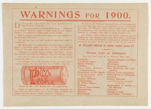 view Warnings for 1900. Advertisement for Dr Williams' Pink Pills.