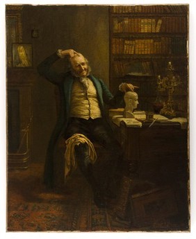 A phrenologist comparing his own head with a phrenological bust. Oil painting by Albert W. Holden.