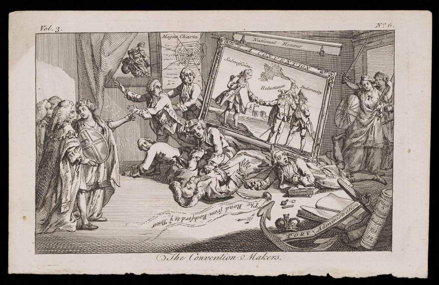 A framed picture falls off a cornice marked 'National Honour'; representing dishonour for Great Britain perceived by the Whigs in the Anglo-Spanish convention on the Falkland Islands. Engraving, 1771.