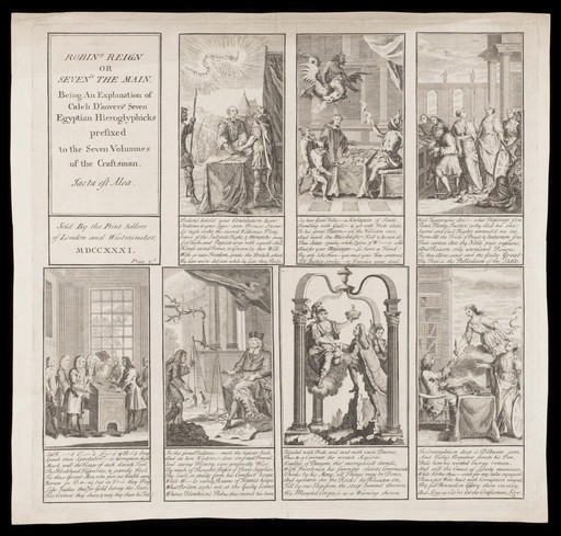 Corruption in the British government under Walpole, and its opponents represented by Caleb D'Anvers: seven scenes. Engraving, 1731