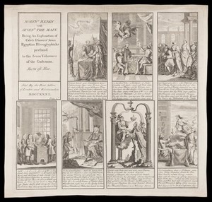 view Corruption in the British government under Walpole, and its opponents represented by Caleb D'Anvers: seven scenes. Engraving, 1731.