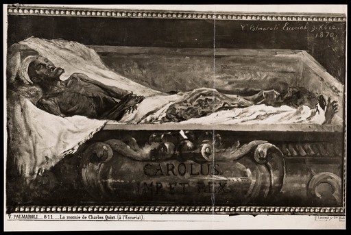 The mummified body of the Emperor Charles V in the Escorial. Photograph of a painting by by V. Palmaroli y González