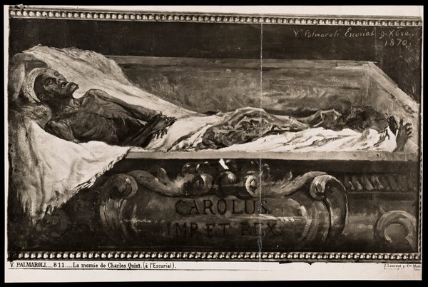 The mummified body of the Emperor Charles V in the Escorial. Photograph of a painting by V. Palmaroli y González.