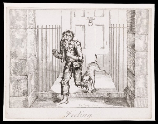 A man in ragged clothes being bitten by a guard dog at the entrance to a town house; representing the sense of touch. Etching by T.L. Busby, ca. 1826.