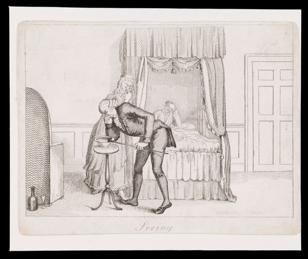 A physician holds his nose as he examines the faeces of a patient. Etching by T.L. Busby, ca. 1826.