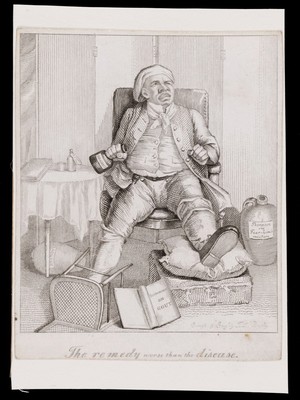 view A man with gout who finds the remedies worse than the disease. Etching by T.L. Busby, 182-.