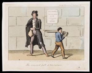 view A butcher's boy, reading to improve his mind, is so absorbed in his book that his delivery of meat is stolen by a passer-by. Coloured etching by T.L. Busby, 1826.