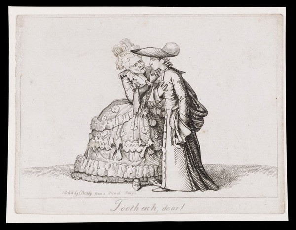 A French lady from the Ancien Régime sympathizing with a young cleric who has toothache. Etching by T.L. Busby, ca. 1826.