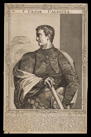 view Caligula, Emperor of Rome. Line engraving, 16--, after A. Sadeler after Titian.