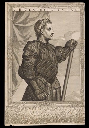 view Claudius, Emperor of Rome. Line engraving, 16--, after A. Sadeler after Titian.