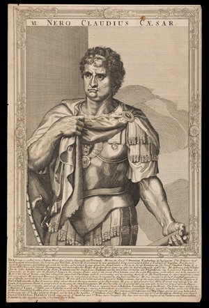 view Nero, Emperor of Rome. Line engraving, 16--, after A. Sadeler after Titian.