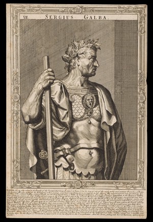 view Galba, Emperor of Rome. Line engraving, 16--, after A. Sadeler after Titian.