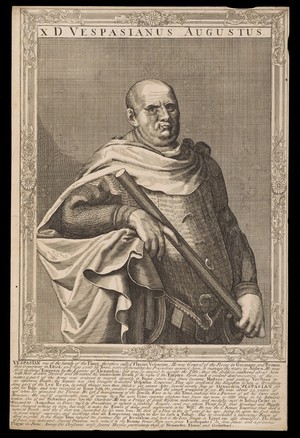 view Vespasian, Emperor of Rome. Line engraving, 16--, after A. Sadeler after Titian.