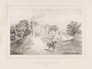 view Eglinton Tournament: front of Eglinton castle, a herald on horseback blowing a bugle. Lithograph by H. Wilson after C.A. d'Hardiviller, 1839.