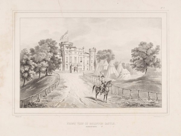 Eglinton Tournament: front of Eglinton castle, a herald on horseback blowing a bugle. Lithograph by H. Wilson after C.A. d'Hardiviller, 1839.