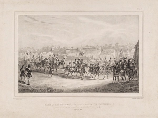 Eglinton Tournament: the procession of knights to the Pavilion of the Queen of Beauty. Lithograph by H. Wilson after C.A. d'Hardiviller, 1839.