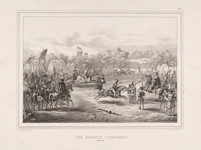 Eglinton Tournament: knights performing jousts. Lithograph by H. Wilson