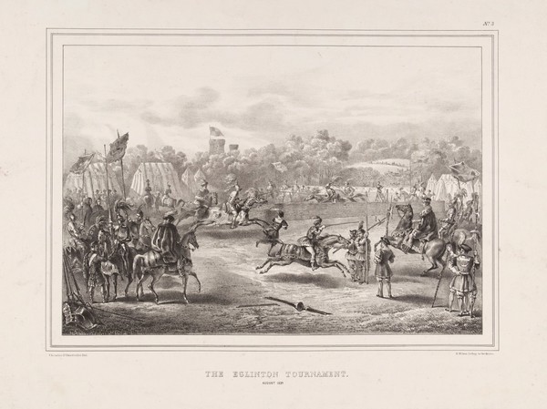 Eglinton Tournament: knights performing jousts. Lithograph by H. Wilson after C.A. d'Hardiviller, 1839.