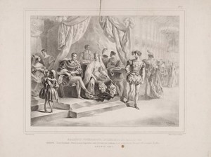 view Eglinton Tournament: guests in the banqueting hall and ballroom in Eglinton Castle. Lithograph by H. Wilson after C.A. d'Hardiviller, 1839.