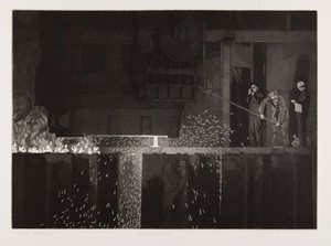 view Bilston, England: men making steel in the melting shop of the British Steel steelworks. Aquatint by H.N. Eccleston, 1979.