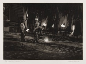 view Bilston, England: men making steel in the melting shop of the British Steel steelworks. Aquatint by H.N. Eccleston, 1981.