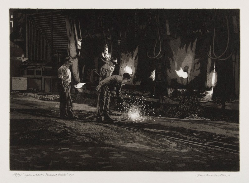 Bilston, England: men making steel in the melting shop of the British Steel steelworks. Aquatint by H.N. Eccleston, 1981., [1981], by Harry Eccleston