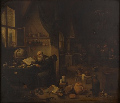 An alchemist in his laboratory. Oil painting by a follower of David II Teniers. (Without frame)