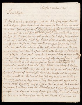 Letters from Mordecai Cary (d. 1751), Jurin's pupil, later Bishop of Clonfert, Cloyne and Killala, concerning the treatment of Cary's wife for a breast lump (including notes on her case by Jurin), and literary interests.